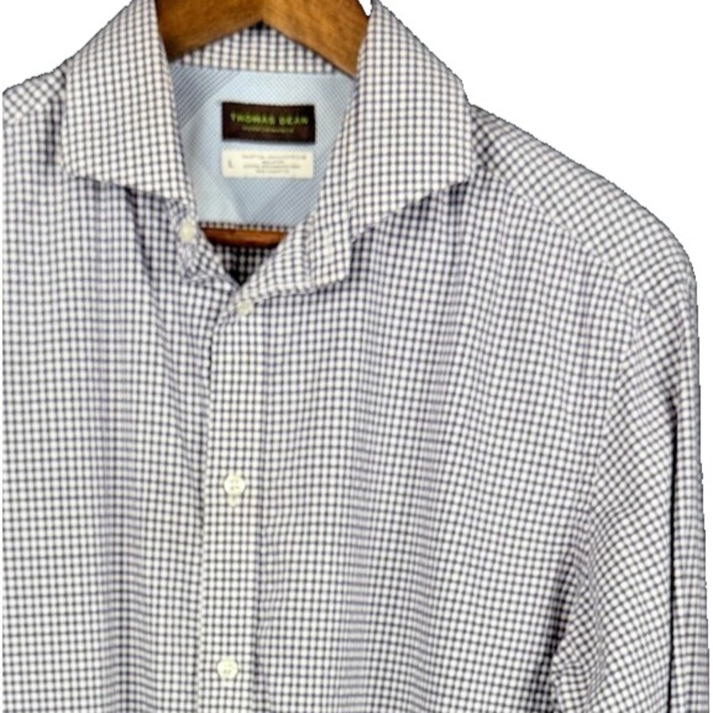 Thomas Dean Performance Shirt Mens Large Purple Gingham Plaid Long Sleeve Button